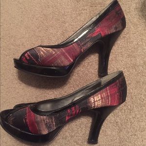 Burgundy, gold and black peep toe heels